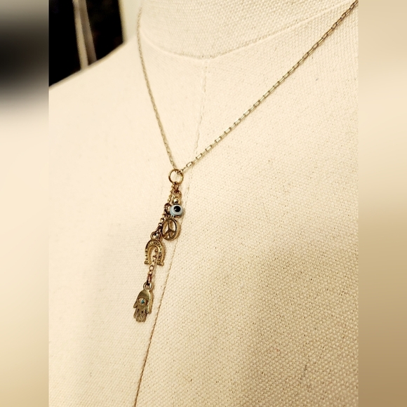 Hamsa Hand Evil Eye Horseshoe Peace Sign Necklace - Picture 8 of 14